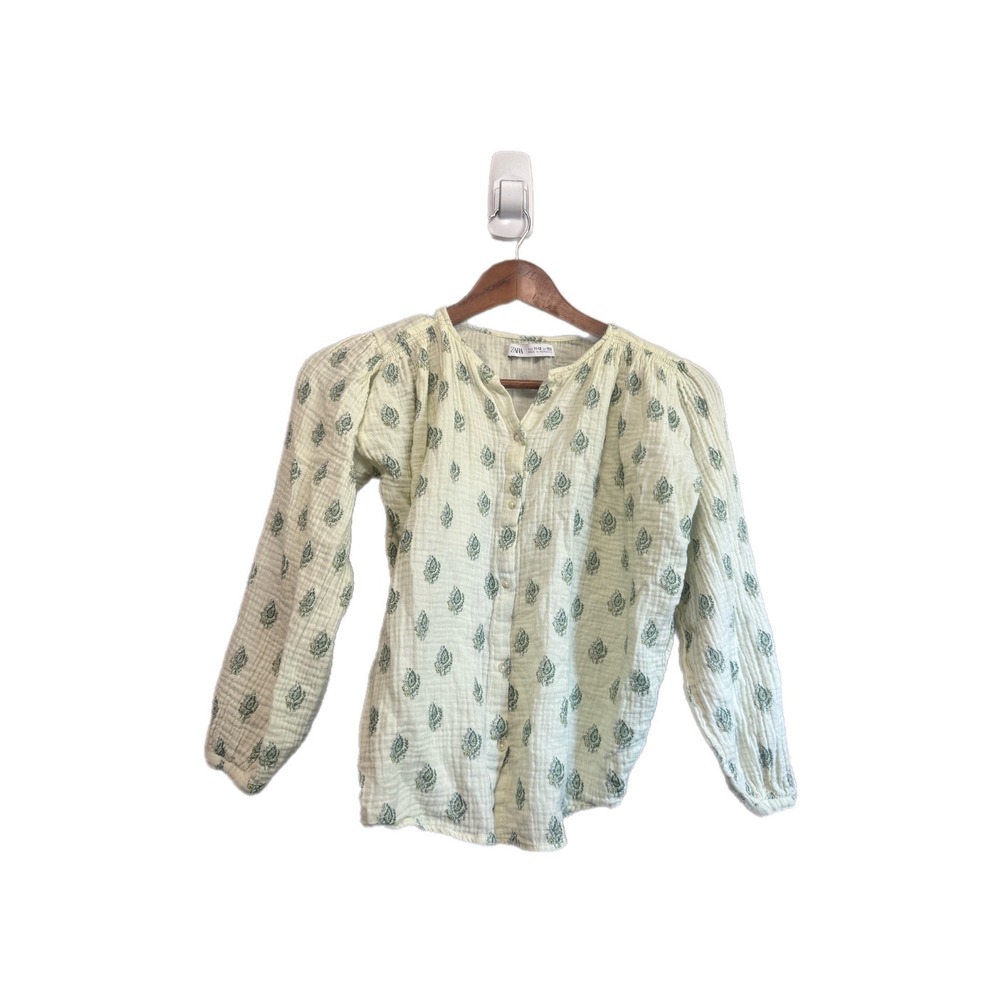 Zara Blouse Kids Size 11-12 Cream Green Excellent Gauze Floral Button Down